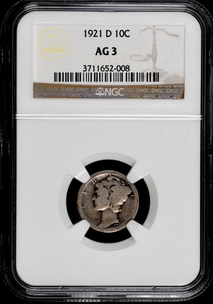 1921 D Mercury Silver Dime (NGC) AG3.