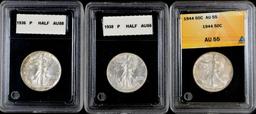 Group of (3) Walking Liberty Silver Half Dollars.