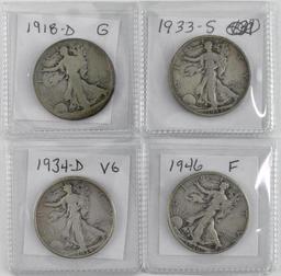 Group of (4) Walking Liberty Silver Half Dollars.