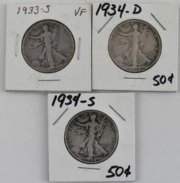 Group of (3) Walking Liberty Silver Half Dollars.