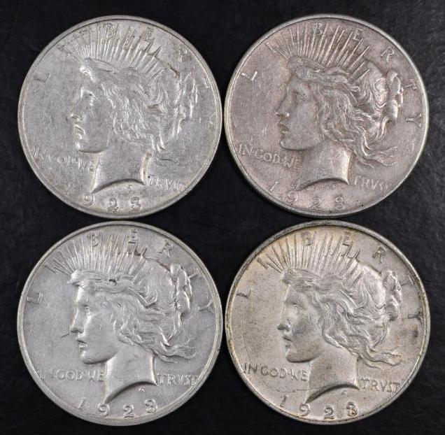 Group of (4) 1923 D Peace Silver Dollars.