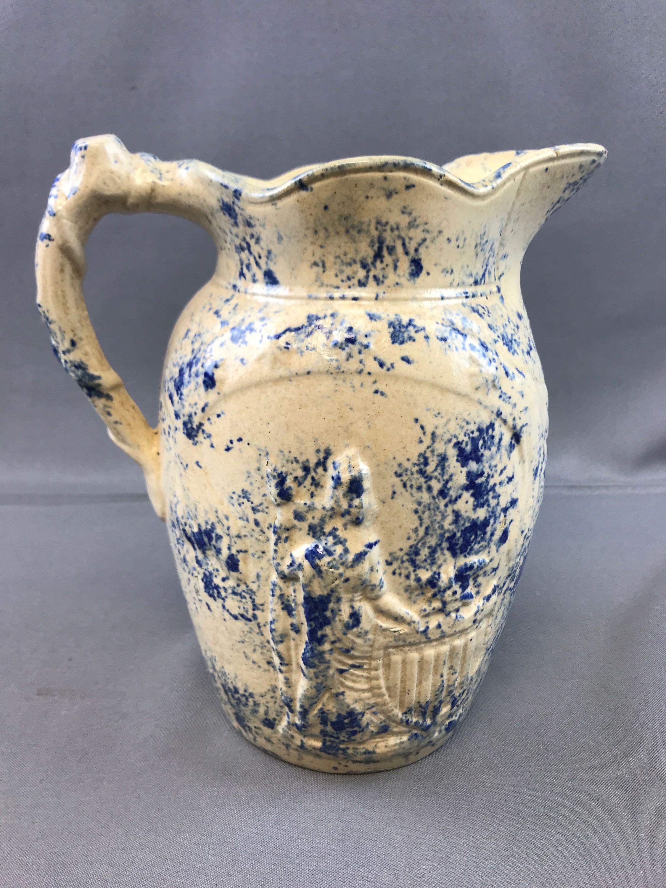 Antique Blue and White Spongeware Pottery Pitcher