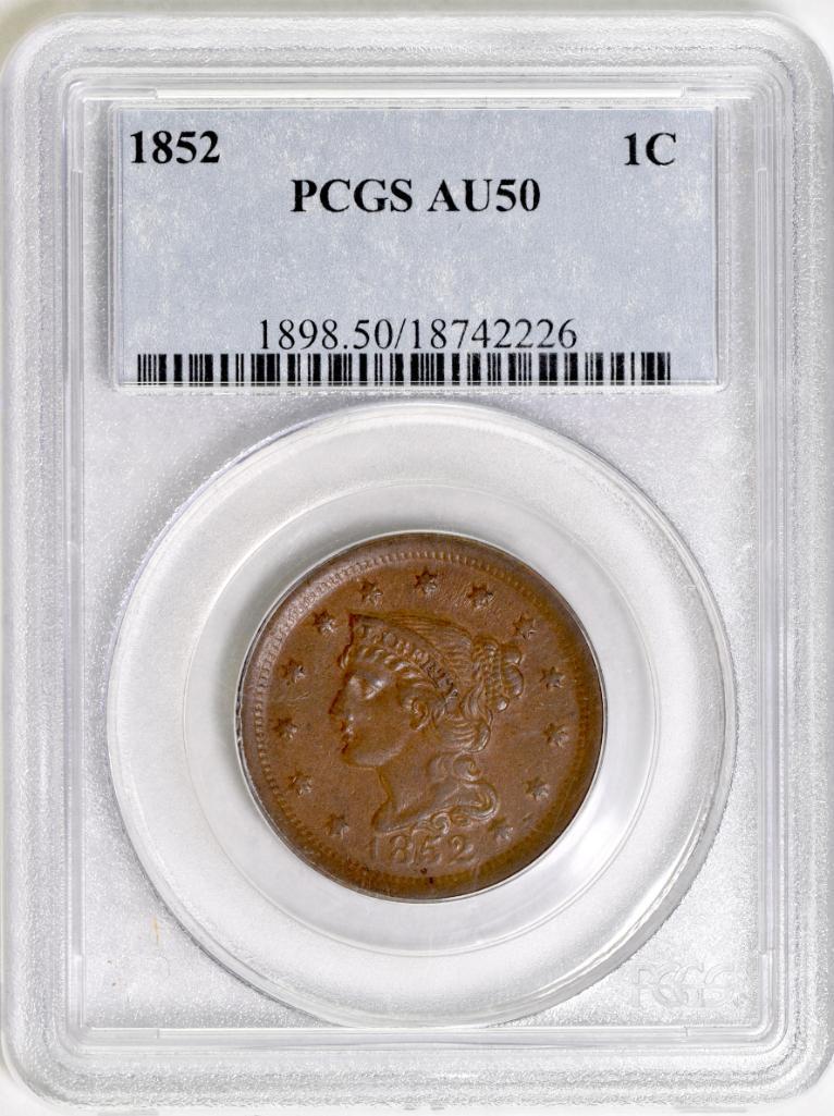 1852 Braided Hair Large Cent (PCGS) AU50.