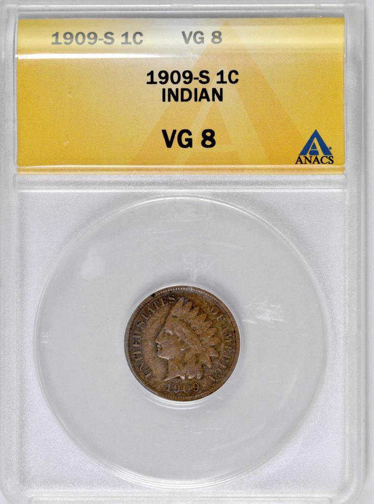 1909 S Indian Head Cent (ANACS) VG8.