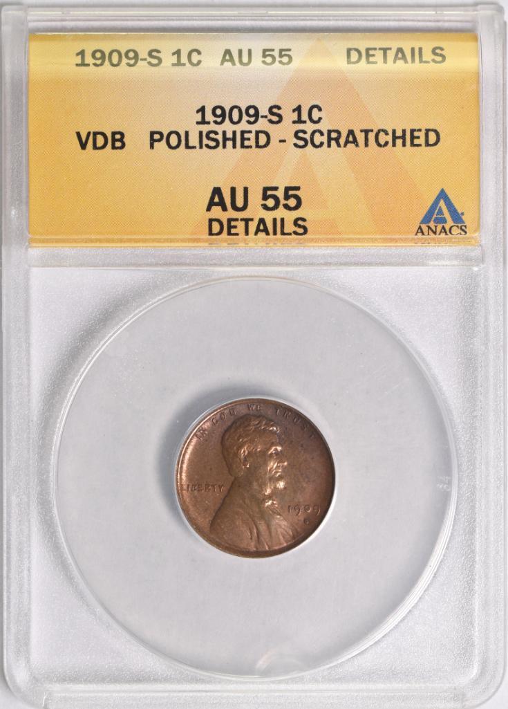 1909 S V.D.B. Lincoln Wheat Cent (ANACS) AU55 details.