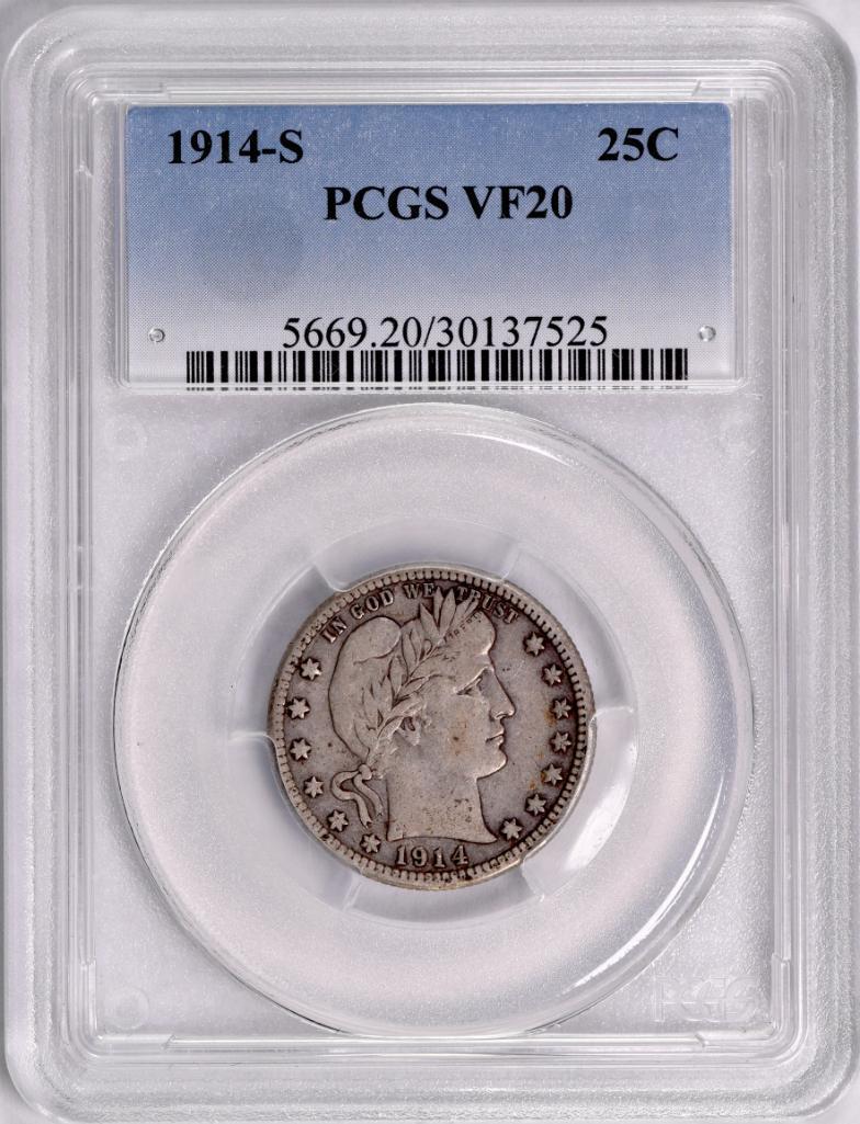 1914 S Barber Silver Quarter (PCGS) VF20.