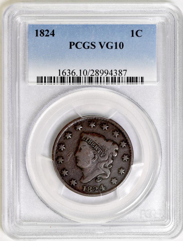 1824 Coronet Head Large Cent (PCGS) VG10.