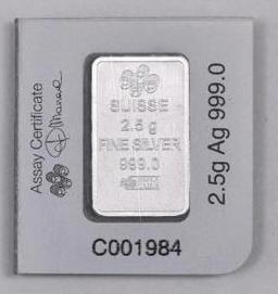 PAMP Suisse 2.5 Gram Silver Ingot/Bar.