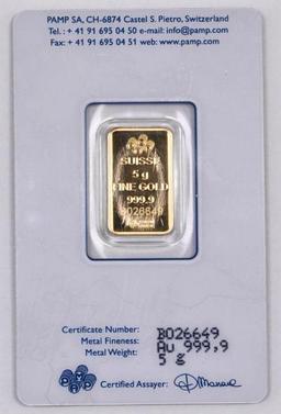 PAMP Suisse 5.0 Gram Gold Ingot/Bar.