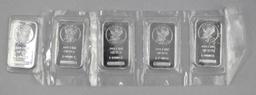 Group of (5) Sunshine Minting 1oz. .999 Fine Silver Ingots / Bars.