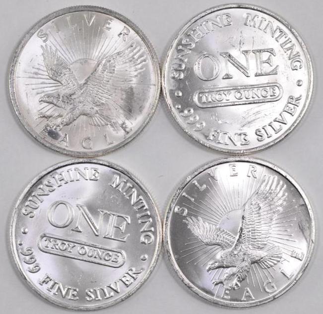 Group of (4) Sunshine Minting 1oz. .999 Fine Silver Rounds.