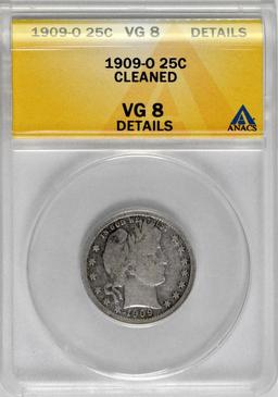 1909 O Barber Silver Quarter (ANACS) VG details.