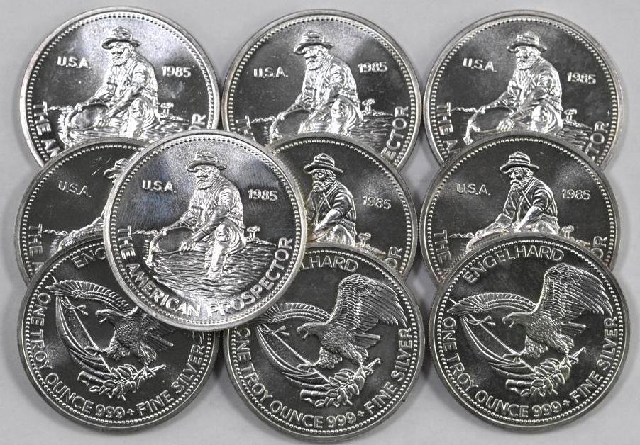 Group of (10) Engelhard Prospector .999 Fine Silver Rounds.