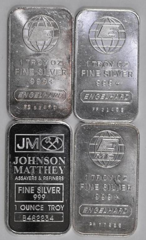 Group of (4) Engelhard & JM 1oz. .999 Fine Silver Ingots / Bars.