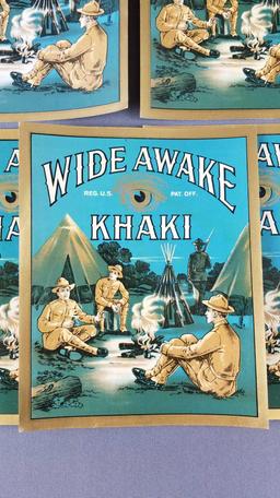 Group of 5 antique Wide Awake Khaki clothing labels