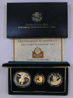 1992 3-Coin Columbus Quincentenary Commemorative Half & Silver Dollar & $5 Gold Proof