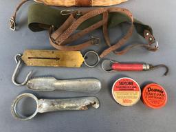 Vintage Compae wicker and leather creel basket and contents