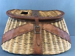 Vintage Compae wicker and leather creel basket and contents