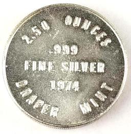 Swiss Of America - Odd Size Silver Round 2.5 Oz. 1974 Draper Mint .999 Fine