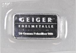 Geiger Edelmetalle 20 Grams - (.643 Troy oz) .999 Fine Silver Ingot/Bar
