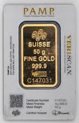 PAMP Suisse 50 Gram (1.608 oz) .9999 Fine Gold Ingot/Bar