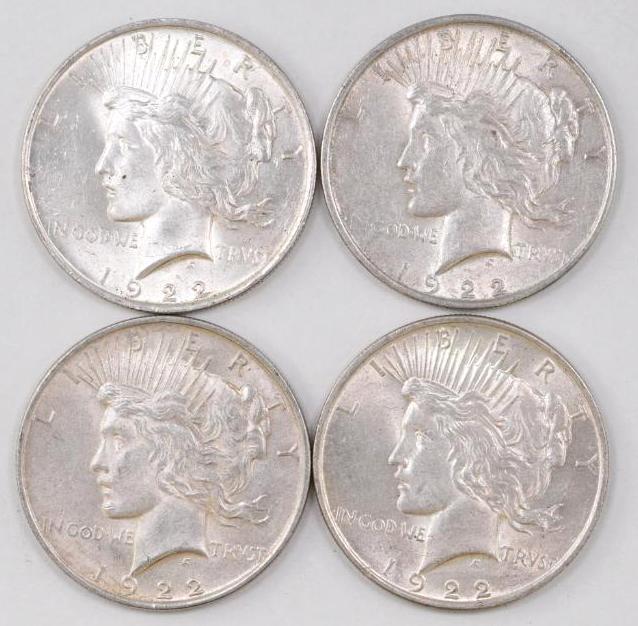 Group of (4) 1922 P Peace Silver Dollars
