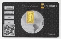 Karatbars 2.5 Gram .9999 Fine Gold Ingot/Bar
