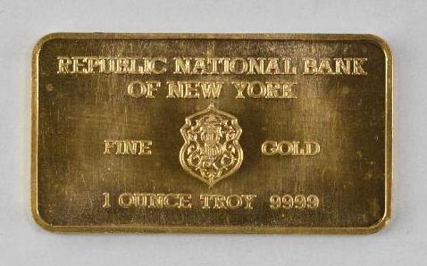 Heraeus Republic National Bank of New York 1oz. .999 Fine Gold Ingot/Bar