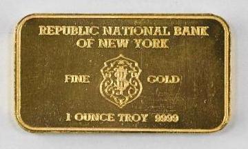 Johnson Matthey Bankers Limited Republic National Bank of New York 1oz. .999 Fine Gold Ingot/Bar