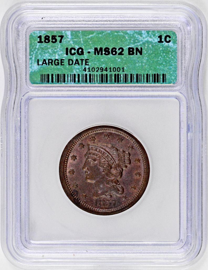 1857 Braided Hair Large Cent (ICG) MS62BN