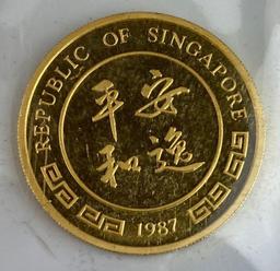 RARE 1987 Singapore 50 Singold - Year of the Rabbit - 1/2 oz Gold .9999 UNC BU