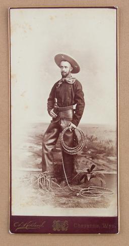 Vintage, "C.D. Kirkland Cheyenne, Wyo." marked Cabinet Card, 4" x 8 3/16", of a well dressed cowboy,