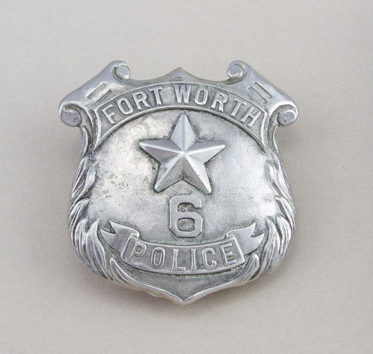 Very desirable shield shaped Badge for Fort Worth Police.  Badge No. 6, 2 5/8".  Turn of the century
