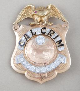 Heavy 10 Kt. gold shield Badge with eagle crest.  Engraved on back "To Commemorate 75th Birthday of