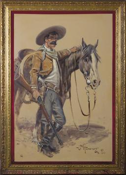 Large original Oil on Canvas by noted CA artist, John W. Hampton (1918-2000), titled "Clay Allison",