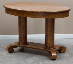 Beautiful antique, oval, double pedestal, quarter sawn oak Library Table, circa 1900-1910, with hide