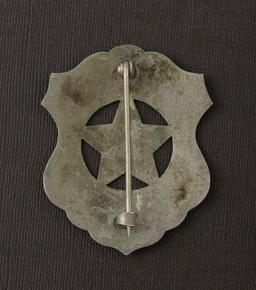 Shield Badge with cut out star, Badge #102, T.C.I. & R.R. Co. Police, 2 3/4" tall, possibly pre-1900