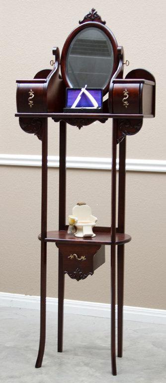 Very unusual antique Mahogany Shaving Stand, circa 1900-1910, with oval beveled glass shaving mirror