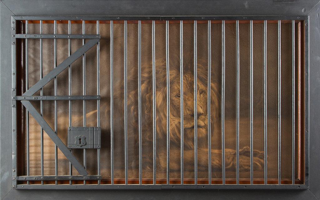 Unique vintage framed Saloon Lion in Cage, in wooden cage and frame, 28 1/2"T x 45 1/2"W, very clean