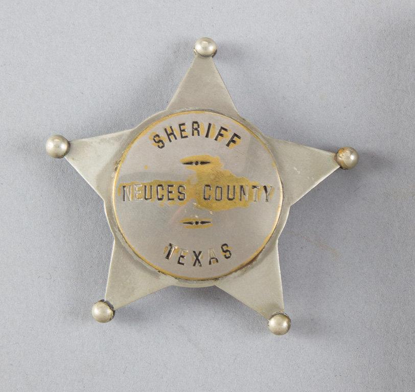 Sheriff Neuces County Badge, 5-point ball star, 2 5/8" across points, circa 1900.  George Jackson Co