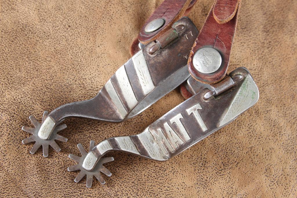 Pair of double mounted, silver engraved overlaid Spurs by noted Texas Bit & Spur Maker, Billy Klappe