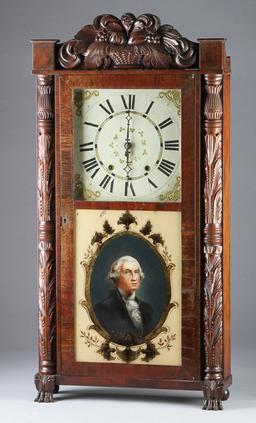 Rare, "Eli Terry" marked, pillar & scroll, hand carved mahogany, two weight Parlor Clock with weight
