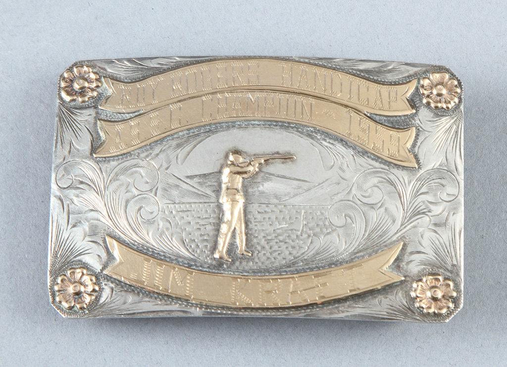 A 1959 Roy Rogers Handicap Champion California Skeet Club Buckle, awarded to Jim Kraft.  Buckle was