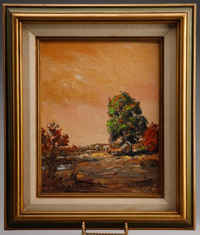 From the late Alva Stem Collection, original oil on board by the late artist A. Kelly Pruitt, (1924-