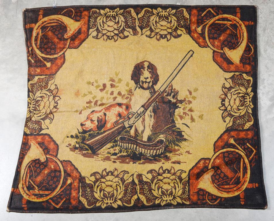 Unique pictorial Horse Hair Lap / Buggy Robe, circa 1890-1900, 49" x 51", graphics of hunting dogs w