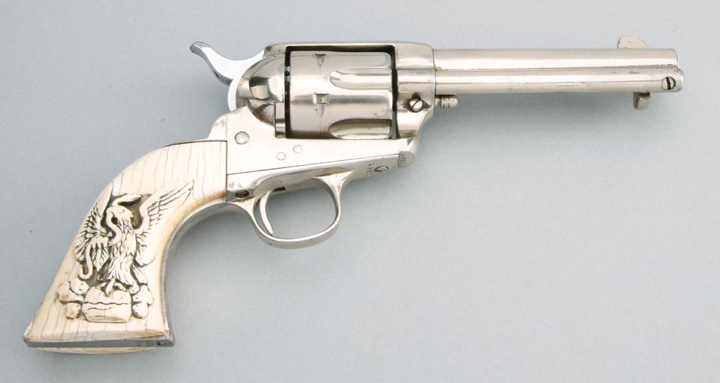 Colt Single Action Army Revolver, .45 caliber, SN 162110, shows heavy buffing, and renickled finish,