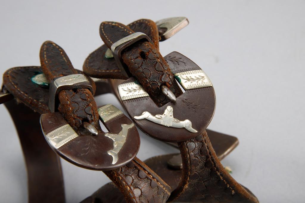 Pair of "Jerry Finchum" marked Spurs (#244), double mounted, hand engraved silver overlay with steer