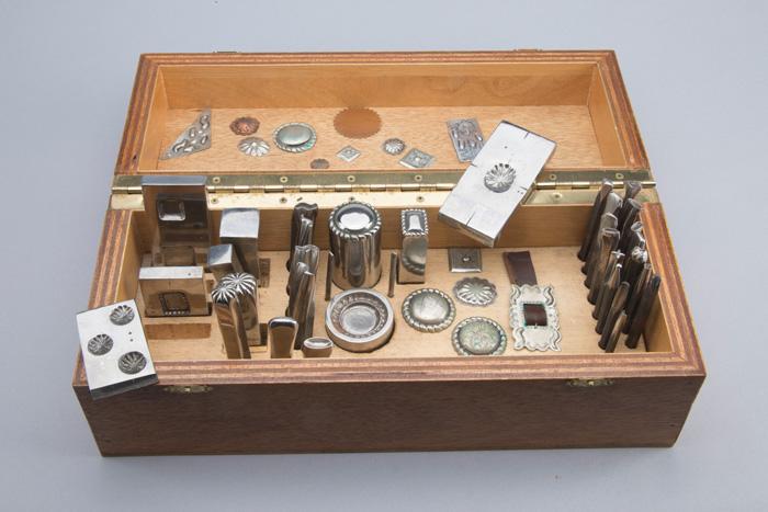 Wooden cased Silversmith Tooling Set with 34 tools for stamping rosettes for buckles or saddles.  NO