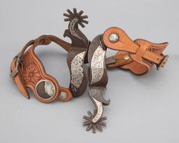 Very unique pair of double mounted, hand engraved, silver mounted Spurs by well known Texas Bit and