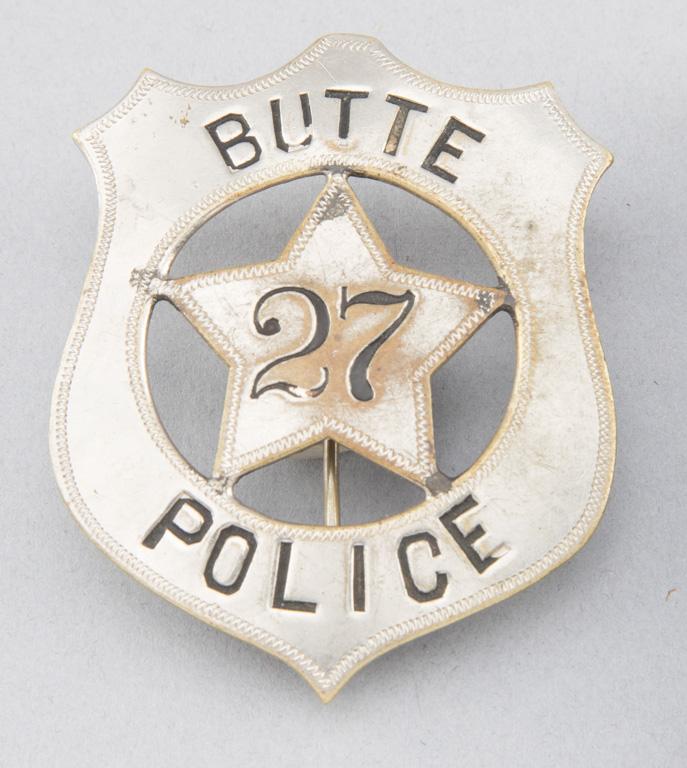 Butte Police # 27 Badge, shield with 5-point star center, 2 1/2" T, hallmark "Pettibone Bros. MFG Co